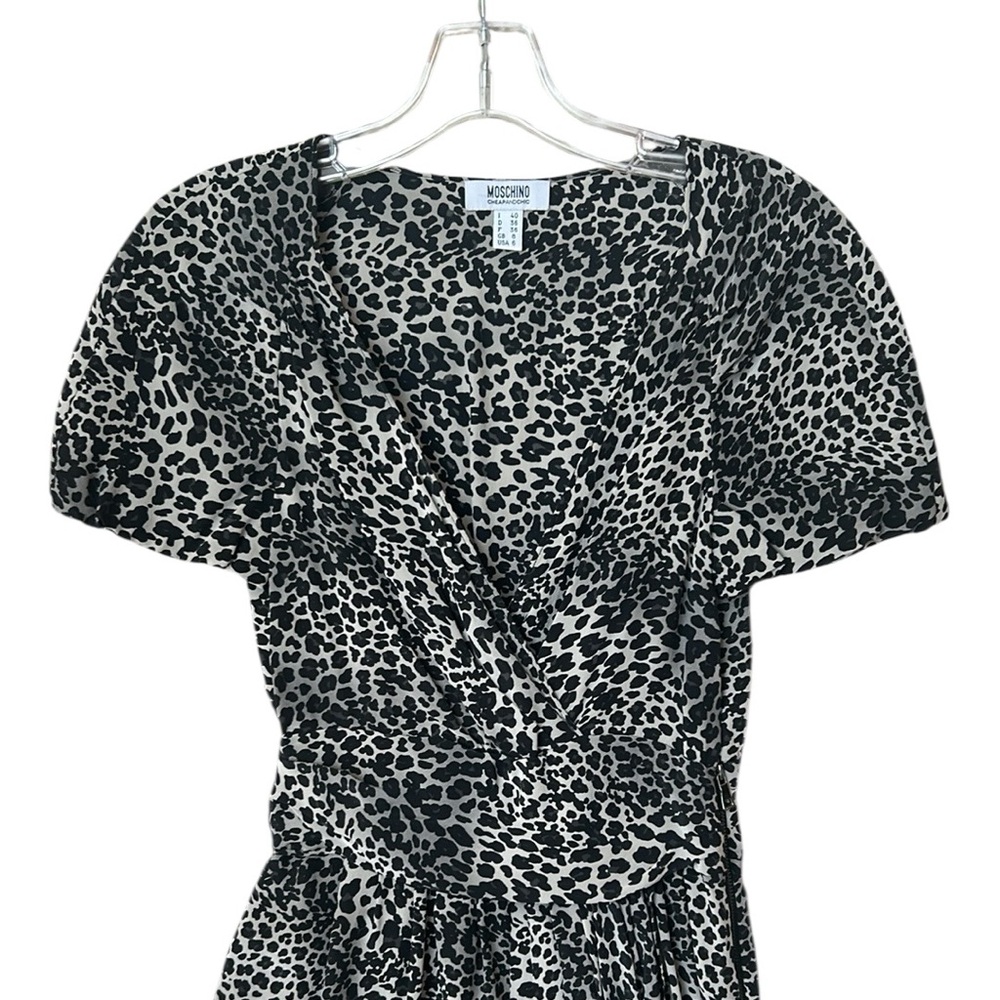 Vintage Moschino Silk Black/Gray Animal Print V-neck Sheath Dress Faux Wrap‎ 6